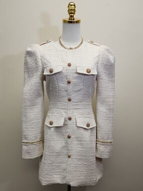 Aimili Cream Tweed Mini Dress Coat Gold Button Structured Preppy Size Medium